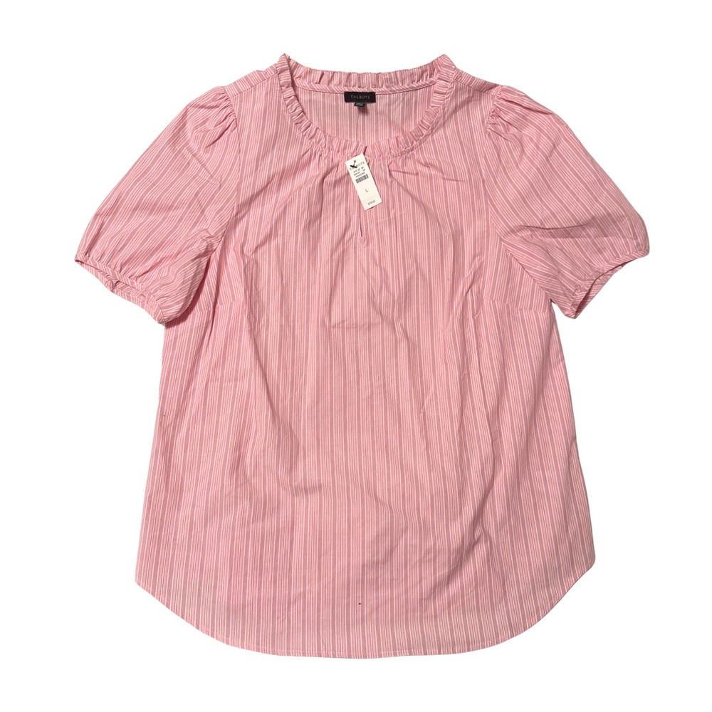 Talbots Pink White Striped Ruffle Neck Puff Sleeve Cotton Poplin Blouse L NWT
